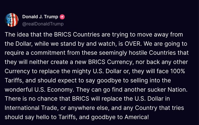 US President Trump scowls to BRICS countries to replace US Dollar - The Hard News Daily