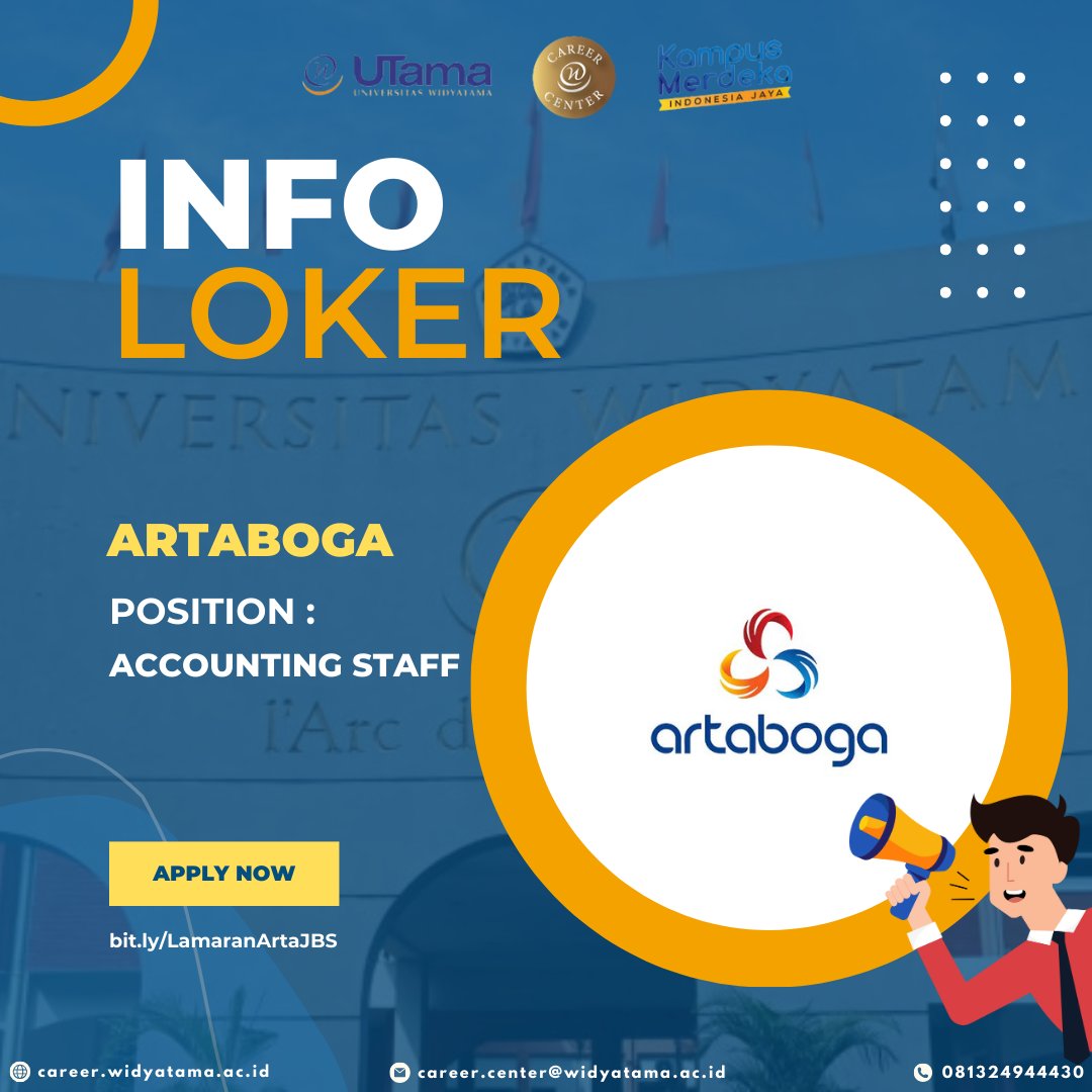 CareerUTama's tweet image. Artaboga is hiring!

Terbuka posisi untuk:
- Accounting Staff

Apply Here: bit.ly/LamaranArtaJBS

We Love, We Care, We Share

#karir #pusatkarirwidyatama #pusatkarirutama #career #careercenter #careercenterwidyatama #careercenterutama #cdcwidyatama #job ##infoloker #lokerbdg