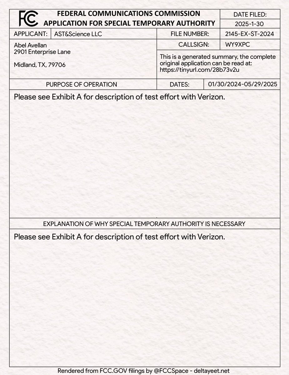 FccSpace's tweet image. License granted: AST??Science LLC
Dates: 01/30/2024-05/29/2025
Purpose: Please see Exhibit A for description of test effort with Verizon.
apps.fcc.gov/oetcf/els/repo…