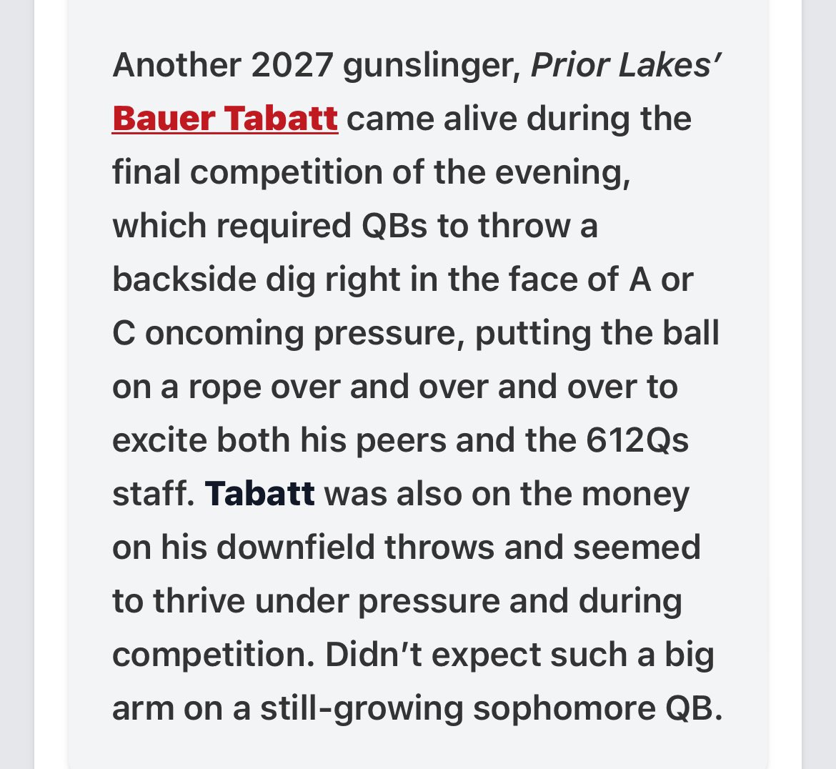 Thank you Prep Redzone for the write up at the 612 academy! 
<a href="/PrepRedzoneMN/">Prep Redzone Minnesota</a> <a href="/OJW_Scouting/">PrepRedzone Oliver</a> <a href="/612Qs/">612 Quarterbacks</a> <a href="/Quinn_Frisell/">Quinn Frisell</a> <a href="/nick_grimme/">Nick Grimme</a>
