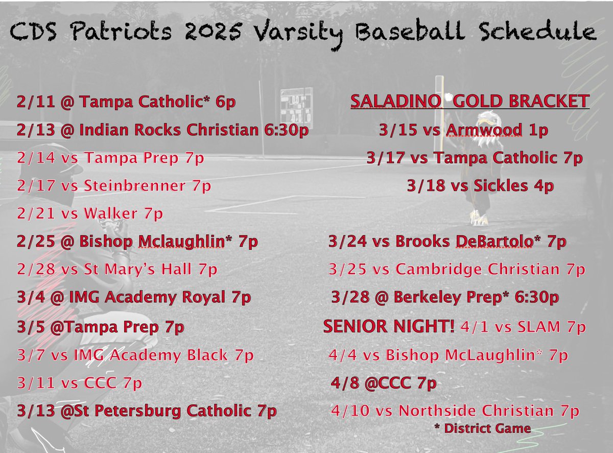 🚨 2025 Patriots Varsity Baseball Schedule🚨
Get ready for an exciting season! ⚾️ Check out our full schedule and mark your calendars for all the action. Let’s make this a year to remember! 
#everythingearned