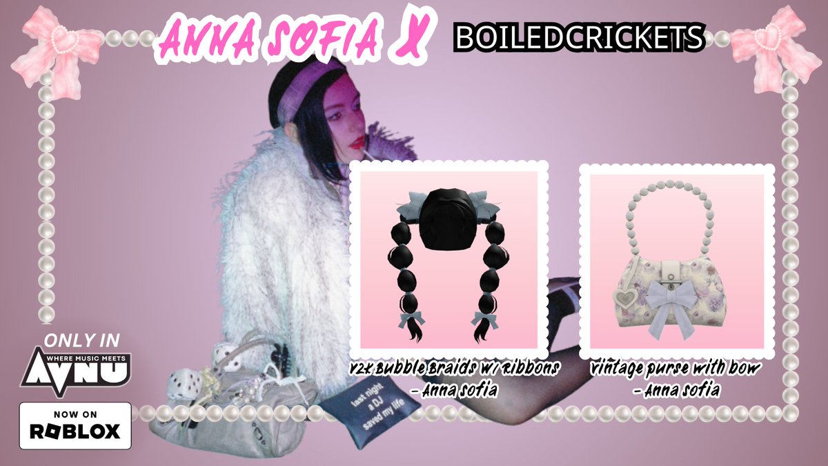 FREE suuuuper cute limiteds I was able to create for Anna Sofia in AVNU! Bubble hair and a purse! 🖤

You'll be able to get them here: roblox.com/games/17659529…
#ROBLOX #RobloxUGCLimited #robloxugc