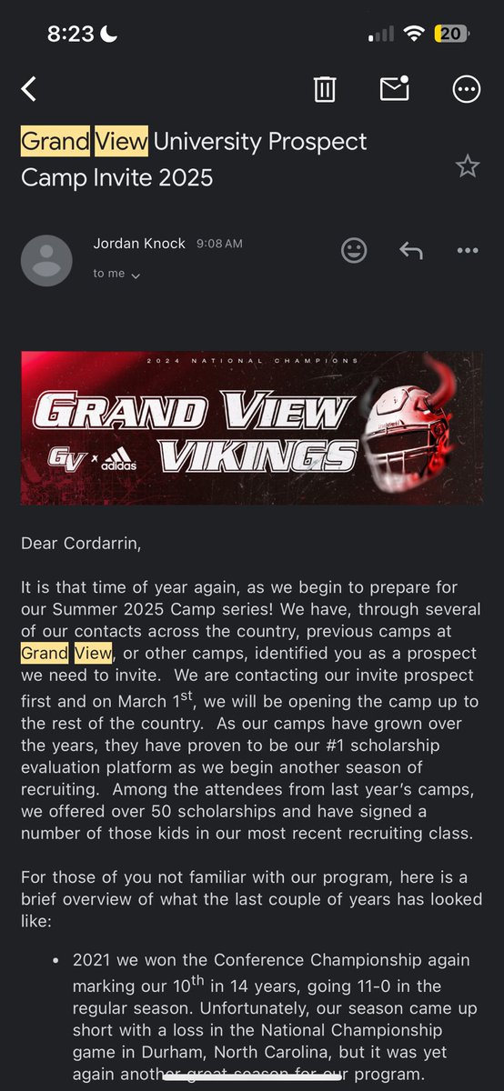 Extremely blessed to receive a camp invite to Grand View ViKINGS 🙏
<a href="/KnockJordan/">Jordan Knock</a> 
<a href="/CoachQue3/">Coach Cordarrin Wilson</a>