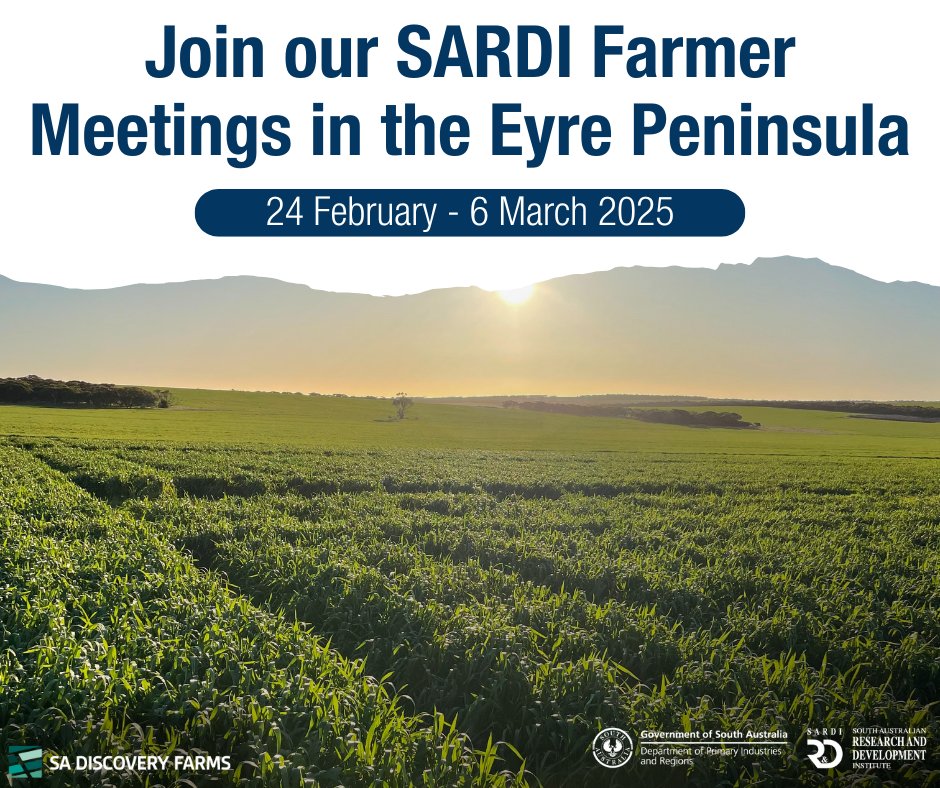 Join #SARDI in the Eyre Peninsula to hear the latest in agricultural research and updates from the Minnipa Agricultural Centre, <a href="/ag_eyre/">Ag Innovation & Research Eyre Peninsula</a>, and the <a href="/SADiscoveryFarm/">SA Discovery Farms</a>. Don't miss out on these insightful sessions!

Find out more: ow.ly/G9KY50UQFO6