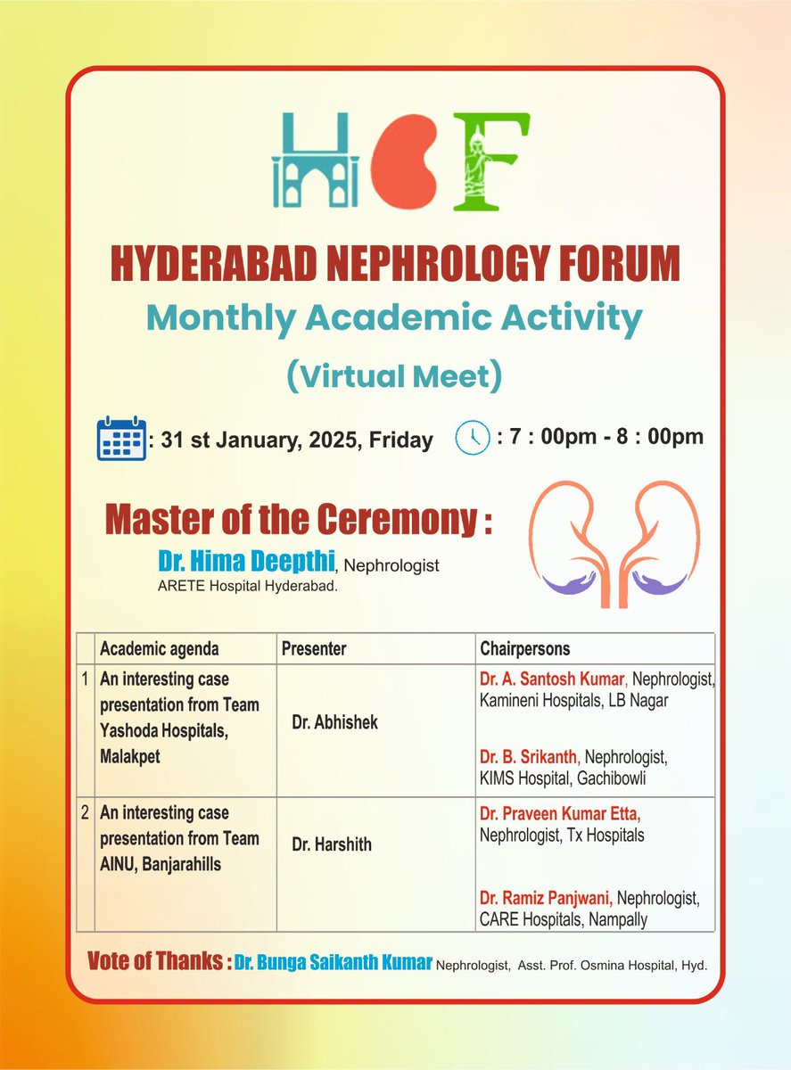 Hyderabad Nephrology Forum is inviting all to their monthly academic activity.
Here is the link to join:

zoom.us/j/94029051562

<a href="/SwarnalathaGud2/">Swarnalatha Guditi</a> <a href="/DrPSVali/">Dr P S Vali</a>
