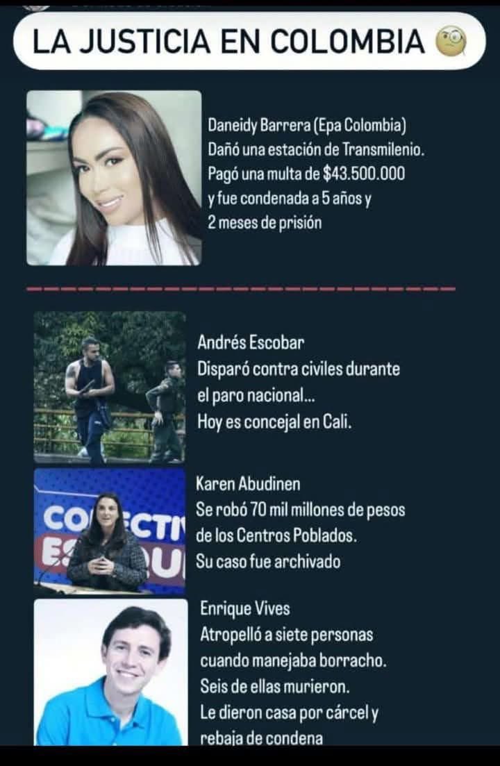 Notiparaco's tweet photo. Me parece bien que la Epa Colombia pague por lo que hizo. Pero la mano pesada de la Ley debe ser para todos. Así que señores @CorteSupremaJ ¿para cuando el paramilitar, hoy concejal de Cali, @escobarandres90?

¿Para cuando a la ratera inmunda de @karenabudi ?

¿Para cuando el asesino de Vives?