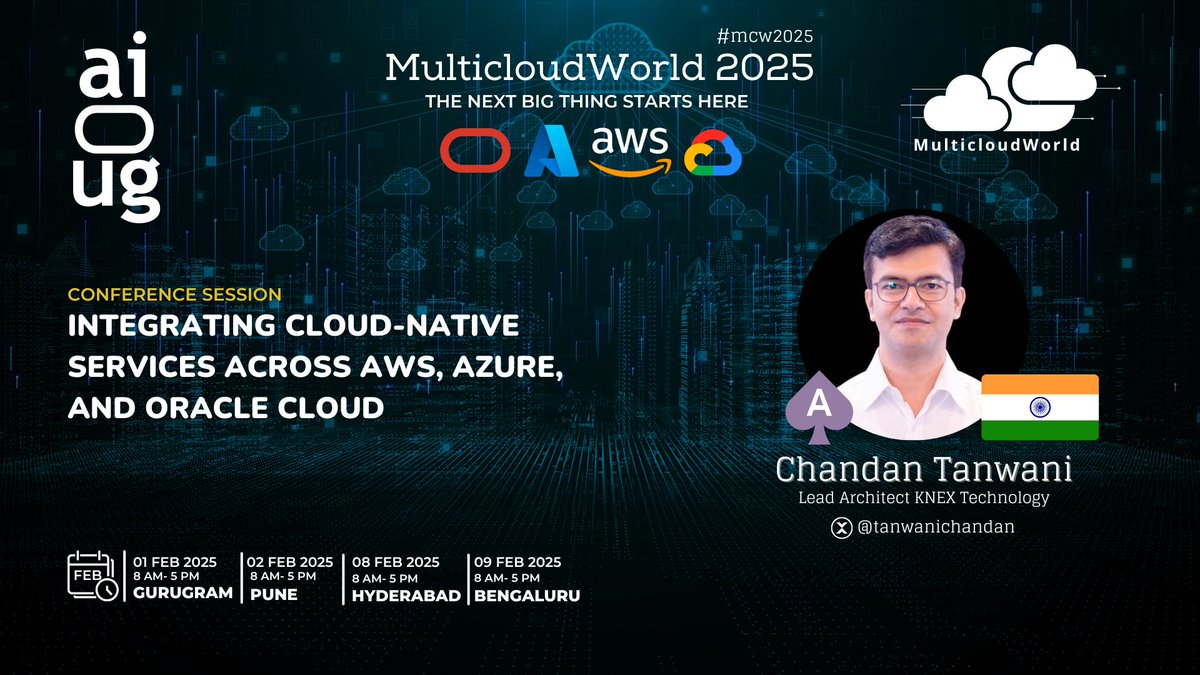 All India Oracle Users Group (AIOUG) (@aioug) on Twitter photo ๐ Donโt Miss This Session! ๐
๐ Mastering Cross-Cloud Integration: Unlocking Synergies Across AWS, Azure, and Oracle Cloud ๐
๐ Secure your spot NOW: aioug.org/mc/2025
๐ Presented by:
Chandan Tanwani <a href="/tanwanichandan/">Chandan Tanwani</a>
Lead Architect, Knex Technology | Oracle ACE
๐ก ๐ Donโt Miss This Session! ๐
๐ Mastering Cross-Cloud Integration: Unlocking Synergies Across AWS, Azure, and Oracle Cloud ๐
๐ Secure your spot NOW: aioug.org/mc/2025
๐ Presented by:
Chandan Tanwani <a href="/tanwanichandan/">Chandan Tanwani</a>
Lead Architect, Knex Technology | Oracle ACE
๐ก