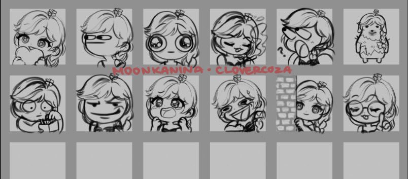 moonkanina's tweet photo. wip of the emotes i’m drawing for my new vtuber model. this update is long overdue cause i got the model like over a month ago or something 😭

process is up on my twitch:
https://t.co/aoj3UiwzwW
#emotes #envtuber https://t.co/3ZqeQzyESr