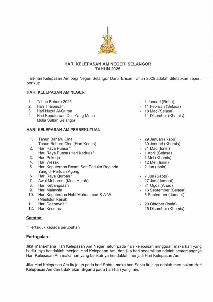𝐏𝐄𝐌𝐀𝐊𝐋𝐔𝐌𝐀𝐍 𝐇𝐀𝐑𝐈 𝐊𝐄𝐋𝐄𝐏𝐀𝐒𝐀𝐍 𝐀𝐌 𝐍𝐄𝐆𝐄𝐑𝐈 𝐒𝐄𝐋𝐀𝐍𝐆𝐎𝐑 𝐓𝐀𝐇𝐔𝐍 𝟐𝟎𝟐𝟓

Berikut adalah Tarikh Hari-Hari Kelepasan Am Negeri Selangor Tahun 2025 yang telah diluluskan dalam Majlis Mesyuarat Kerajaan Negeri Selangor untuk makluman semua.