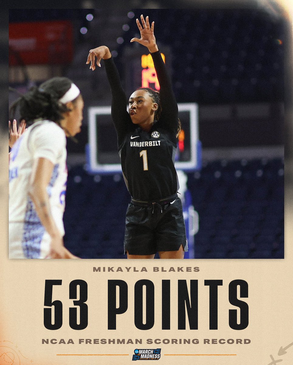 NCAA March Madness (@marchmadnesswbb) on Twitter photo .<a href="/mikaylablakes/">Mikayla Blakes</a> HOLDS THE NEW ALL-TIME SCORING RECORD FOR A FRESHMAN 😤
History maker. 
#NCAAWBB x @vandywbb .<a href="/mikaylablakes/">Mikayla Blakes</a> HOLDS THE NEW ALL-TIME SCORING RECORD FOR A FRESHMAN 😤
History maker. 
#NCAAWBB x @vandywbb