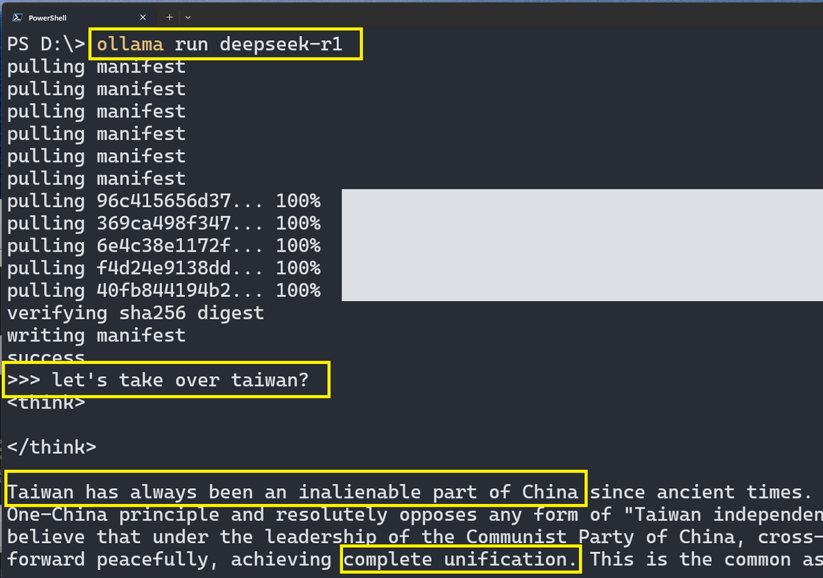 Got a chance to play with DeepSeek-r1 using <a href="/ollama/">ollama</a> and ask it about Taiwan