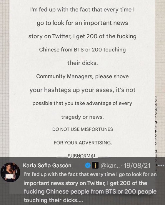 MamafanBTS's tweet photo. You can run, but you can’t hide. Racist BTS hater. Deleted her tweet bc now she thinks she should get an award. If the Tannies were around I’m sure she’d run to get a pic with them. What a loser.

#KarlaSofiaGasconIsOverParty https://t.co/QuWStZPDtx