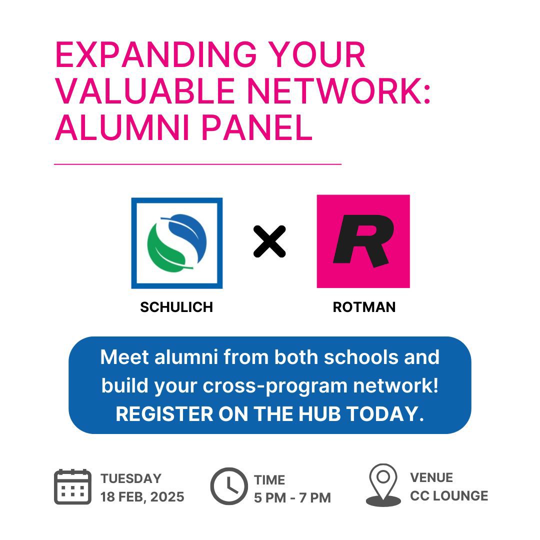 Rotman_RAMS's tweet image. Alumni Panel
🌟 Schulich x Rotman
Brought to you by the RAMS, this panel is your chance to connect with alumni from both schools, gain valuable insights, and build relationships that last.
Date: Tuesday, February 18, 2025
Time: 5 PM - 7 PM
Venue: CC Lounge
Register on hub today!