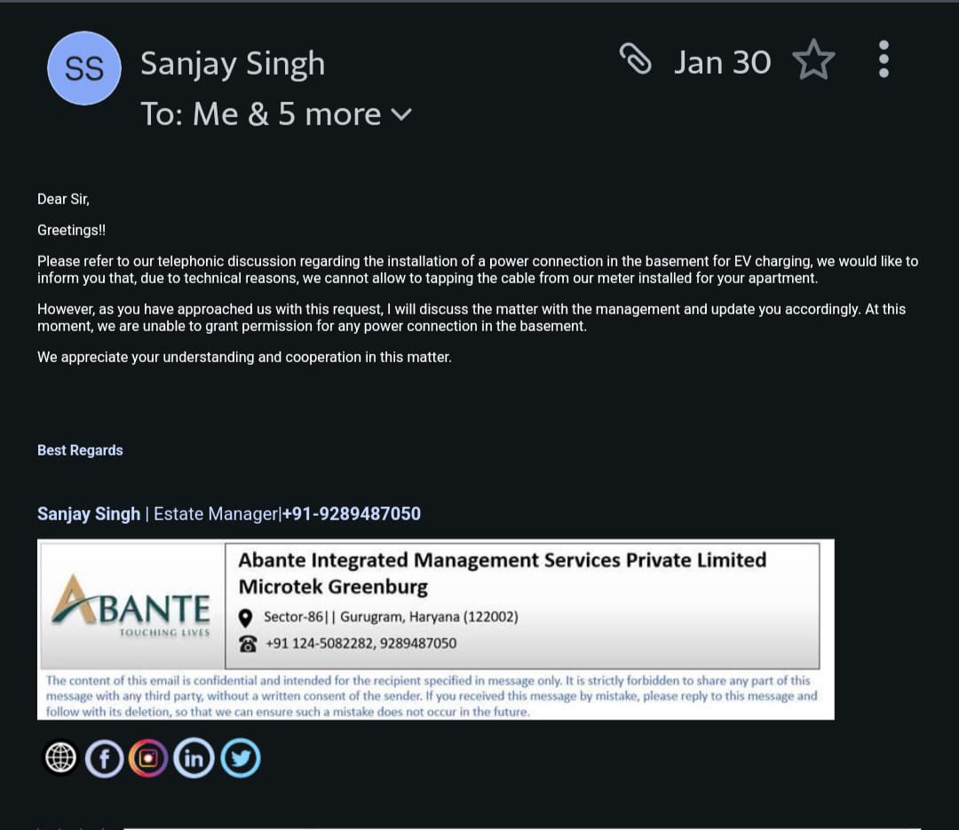 dbprgogol's tweet photo. @DC_Gurugram 
Microtek Infrastructure is denying basic 2kw EV slow charging facility connection from my own apartment, resisting EV adoption.
This has been the situation for last 1 year at Microtek Greenburg, Sector 86, Gurugram 
Please Help https://t.co/6Vi0goSYqe