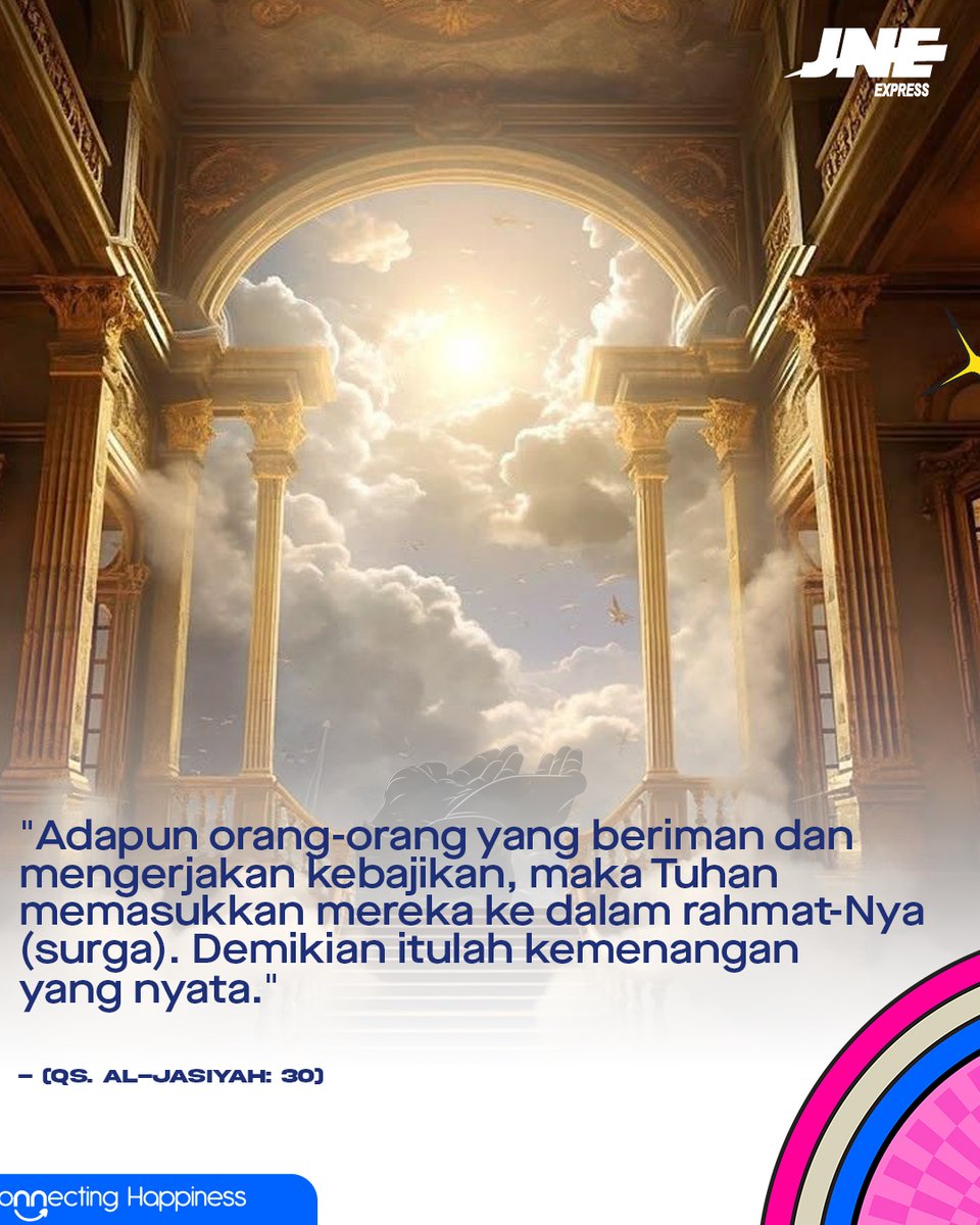 "Adapun orang-orang yang beriman dan mengerjakan kebajikan, maka Tuhan memasukkan mereka ke dalam rahmat-Nya (surga). Demikian itulah kemenangan yang nyata." - (QS. Al-Jasiyah: 30)

#jneid #jnepadang #ConnectingHappiness #jumatberkah #padang #sumaterabarat