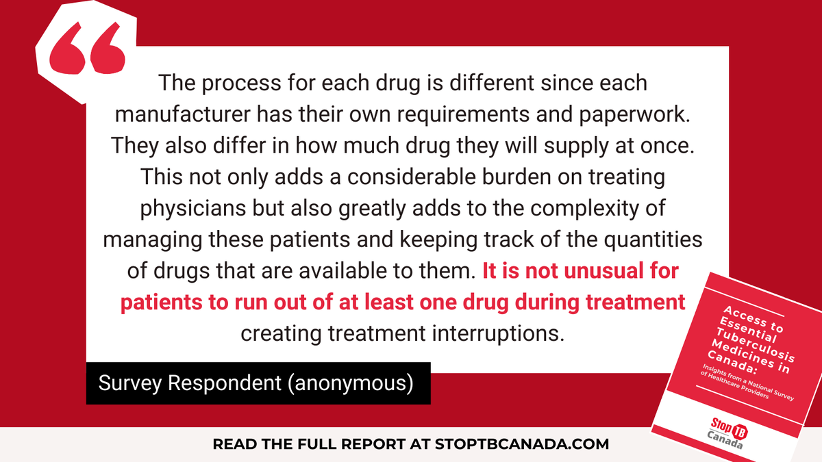 In our national survey, healthcare providers commented on their experiences navigating complex processes for non-marketed TB drugs in Canada. These challenges lead to delays, frustration &amp; treatment interruptions.

Read the full report: bit.ly/accesstoTBmeds