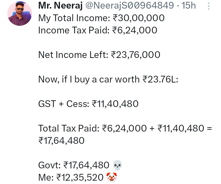 Taxation in UAE  🇦🇪  vs INDIA 🇮🇳 :

My Total Income in UAE: ₹30,00,000
Income Tax Paid: ₹0

Net Income Left: ₹30,00,000

Now, if I buy a car worth ₹30 lakh :

VAT( only 5%) : 1.5 lakh 

Total Tax Paid: 1.5 lakh 

Me: 28.5 lakh 🗿
Govt: 1.5 lakh 💀
#Budget2025 #IncomeTax
🇮🇳:👇