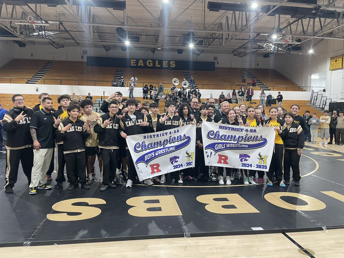 JasonCFarmer's tweet photo. Congrats to the #EaglesWrestling #LadyEaglesWrestling teams in winning #back2kcab2back (boys) and #Back2kcab (girls) District Champions. @HobbsAthletics @nmpreps @NMrecruits @NMTXsports https://t.co/QAda8pySoC