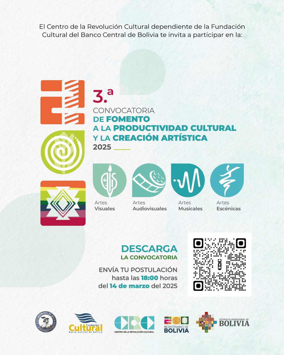 CentrodelaRevo's tweet photo. #CRC I El @CentrodelaRev te invita a participar de las #convocatorias2025 Rumbo al Bicentenario de Bolivia 🥳.
Mayor información en los #Qr de cada imagen.

#6AñosCRC #SomosRevoluciónCultural
#UnidosRumboAlBicentenario
#LaCulturaNosUne https://t.co/H93DykCUFU