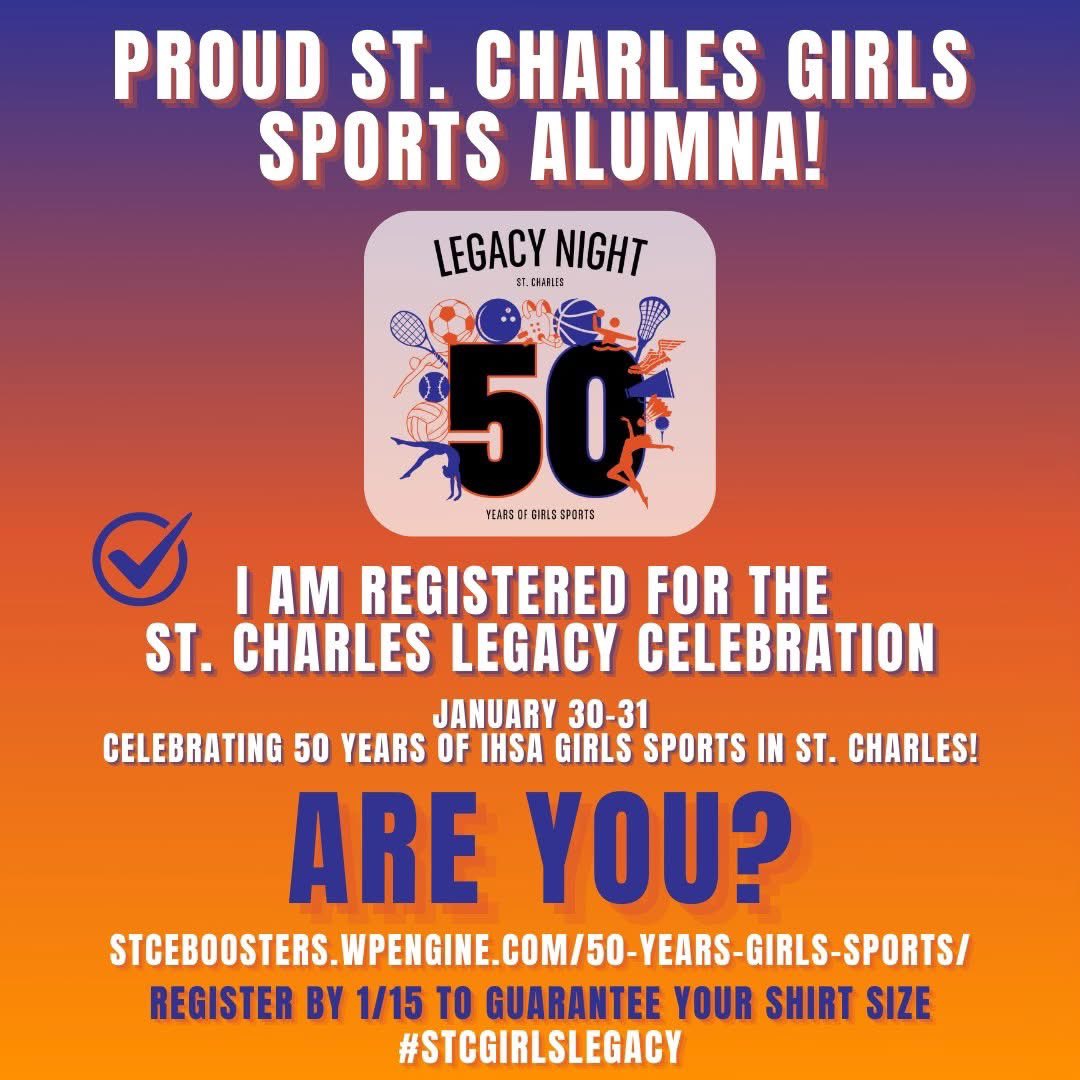 Join us tomorrow for Legacy Night: Celebrating 50 Years of Girls Sports in St. Charles!
<a href="/stcegirlshoops/">St. Charles East Girls Basketball</a> vs. <a href="/SCNGirlsbball/">SCN Girls Basketball</a> Game on Jan. 31, 2025🔗Info. &amp; Registration: trst.in/7633M1 <a href="/STCEathletics/">STCE Athletics</a> <a href="/SCNAthletics/">St. Charles North Athletics</a> <a href="/STCEBoosters/">STCE Athletic Booster</a>  <a href="/StCharlesD303/">School District 303</a> #SaintsPride⚜️