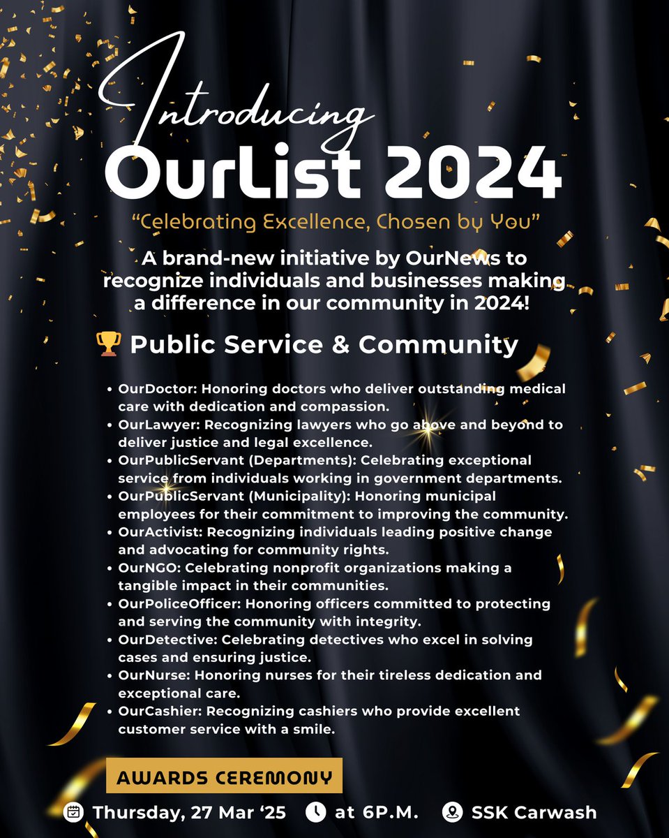 ournews2016's tweet photo. 🌟 Introducing #OurList2024 🌟

Celebrate excellence in our community! From top doctors, DJs, &amp; influencers to businesses &amp; sports stars, YOU choose the best! 🏆

🗓️ Key Dates:

Nominations: 3 Feb 2025
Voting: 24 Feb 2025
Awards: 27 Mar 2025

#CelebratingExcellence #ChosenByYou https://t.co/VlkkgUTnC7