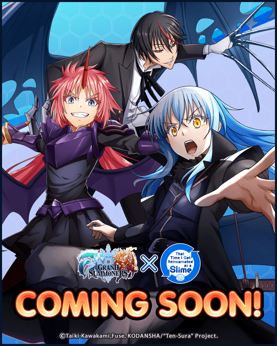 GRDSMN_GLOBAL's tweet photo. That Time I Got Reincarnated as a Slime returns to Grand Summoners in one week! 💥

The revival cast will kick things off, with 4 new units soon to follow!

#TenSura #TenseiSlime https://t.co/X9WuH87yjq