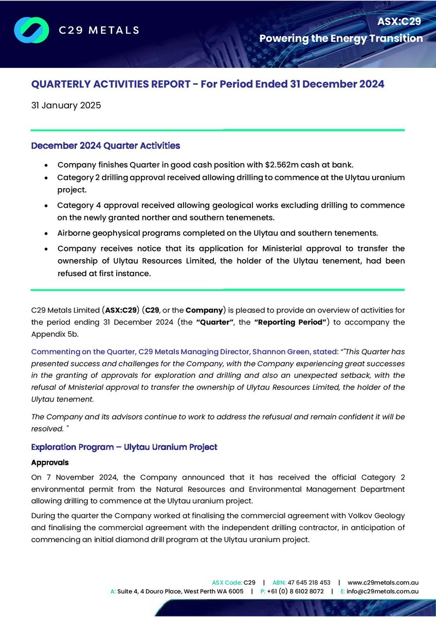 C29 Metals (ASX:C29) is pleased to provide an overview of activities for the period ending 31 December 2024.

Read More: buff.ly/3Cx90sU 

$C29 #uranium