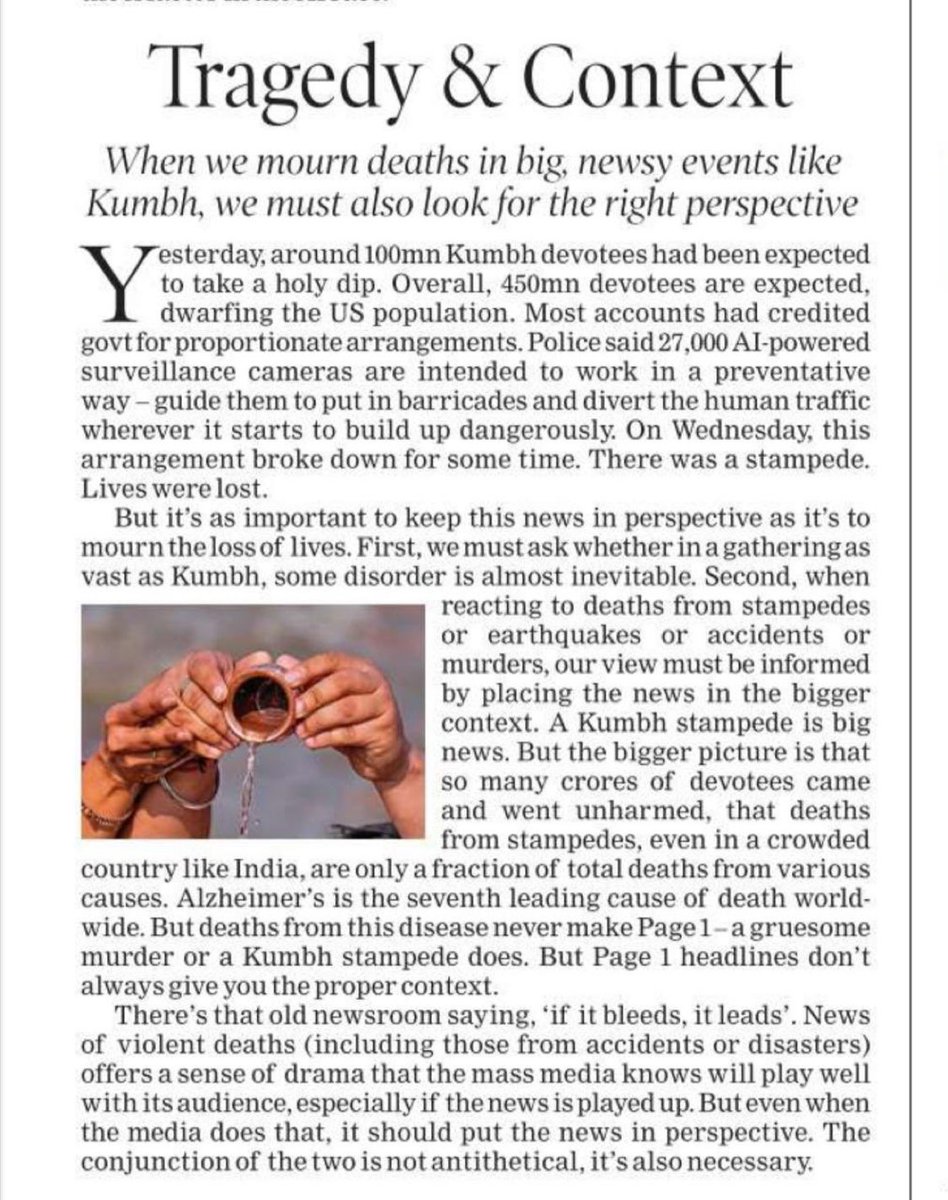 A leading newspaper editorial gives ‘context’ to the Maha Kumbh stampede by comparing the death toll to those who die of Alzheimer’s disease every year. Says some disorder is almost ‘inevitable’ in large gatherings. Try telling this to the families of the at least 30 people who