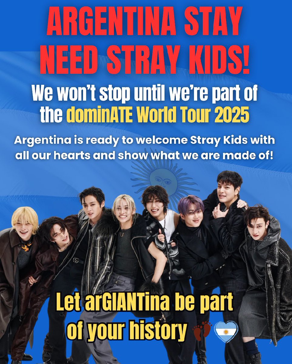 Takooer's tweet photo. STAY ARGENTINA QUIERE FECHA !! 

¡arGIANTina tiene que ser parte del dominATE 2025! 🩵🤍🩵
ARGENTINA IS READY FOR SKZ 🇦🇷
#dominATEArgentina2025
#arGIANTinaWaitsForStrayKids
 @Stray_Kids @jypnation @dfallaccess @LiveNation @LiveNationLatin https://t.co/hxwVX6q12L