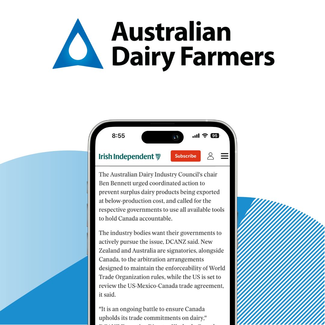 🥛 ADF president and ADIC chair Ben Bennet went global this week - quoted in the Irish Independent calling for action to address Canada's distortion of world dairy protein markets.
Read more here: buff.ly/4jog0J5 
#ausdairy
