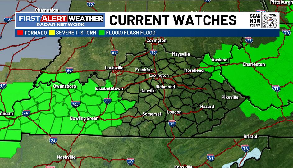 Our Flood Watch has been extended farther east into parts of central Kentucky. Notice the gap between the watch across western and central Kentucky and the watch across the northeast. This is frustrating for those of us who have to convey proper messaging to the public. #kywx