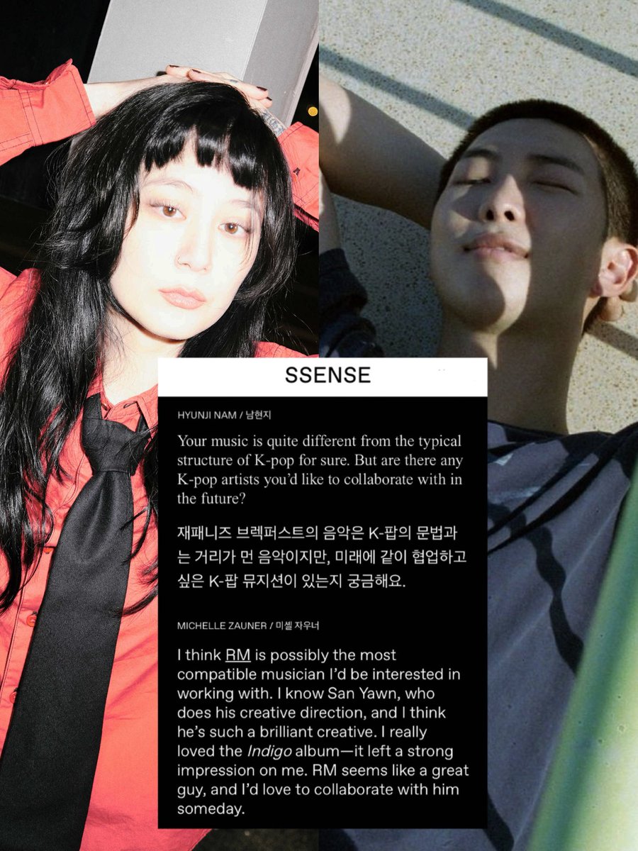 KNJsSource's tweet image. 📰Japanese Breakfast’s Michelle Zauner to SSENSE:

“I think #RM is possibly the most compatible musician I’d be interested in working with (…) I really loved the Indigo album—it left a strong impression on me. RM seems like a great guy, I’d love to collaborate with him someday.”
