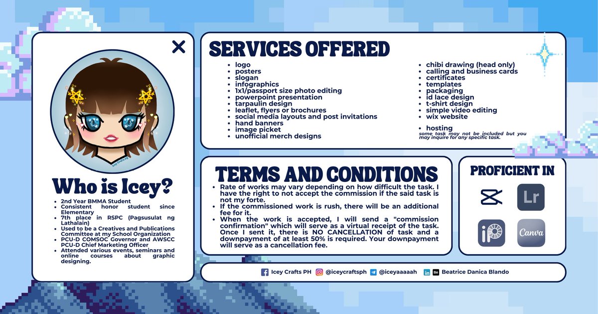 konnichiwa! i'm 𝗶𝗰𝗲𝘆, your budget-friendly acad &amp; graphic buddy! 🎨💻 

need 𝗹𝗼𝗴𝗼𝘀, 𝗽𝗼𝘀𝘁𝗲𝗿𝘀, 𝗶𝗻𝗳𝗼𝗴𝗿𝗮𝗽𝗵𝗶𝗰𝘀 𝗼𝗿 𝗰𝗵𝗶𝗯𝗶 𝗮𝗿𝘁? i got you—quick, creative, and affordable! ✨

because here, 𝙞 𝙨𝙚𝙚 𝙗𝙚𝙖𝙪𝙩𝙮 𝙩𝙝𝙧𝙤𝙪𝙜𝙝 𝙘𝙧𝙚𝙖𝙩𝙞𝙫𝙞𝙩𝙮!🔮