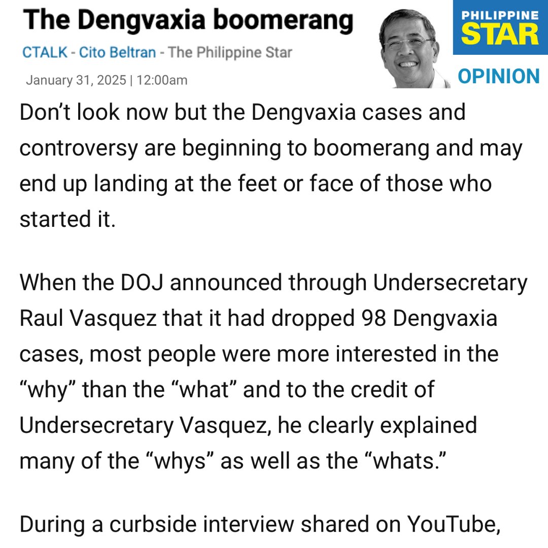 Read my full column on the decision of the DOJ regarding the Dengvaxia case in today's Philippine Star by clicking on this link: philstar.com/opinion/2025/0…
#citobeltran #c-talk #Ctalk #PhilStar #Philippinestar #Dengvaxia