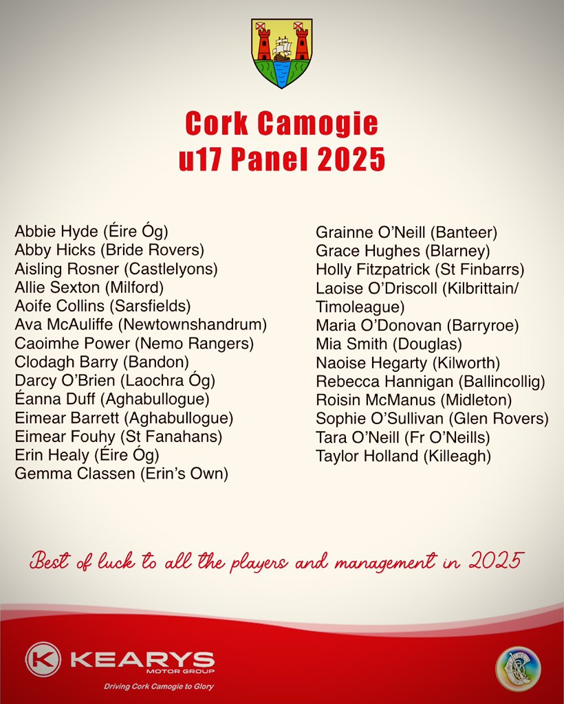 CorkCamogie's tweet photo. Congratulations to all the players who have been selected for the U17 Development Panel! Best of luck in tomorrow’s match against Tipperary. https://t.co/aWvW8doFKq