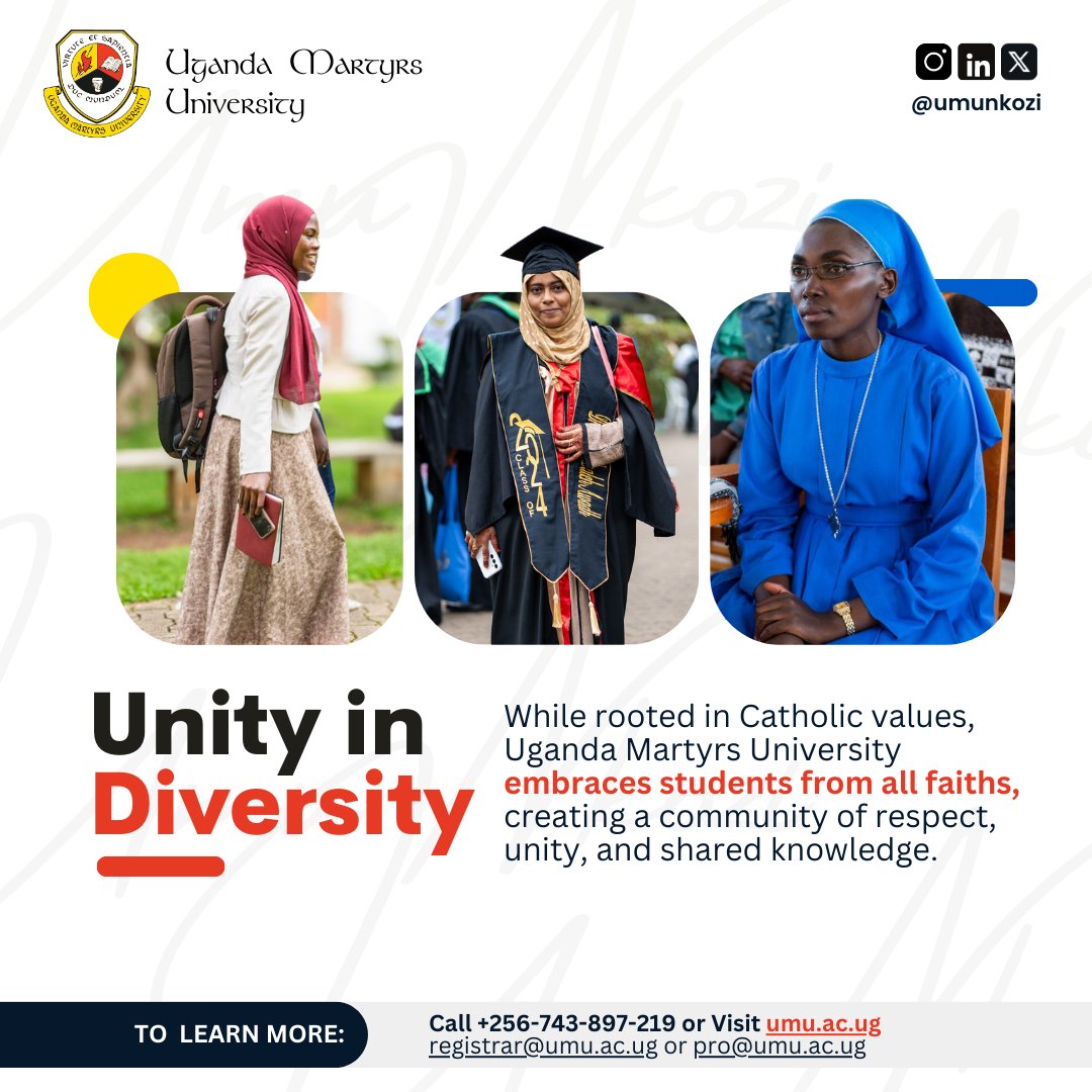 Uganda Martyrs University (@umunkozi) on Twitter photo Unity in Diversity at <a href="/umunkozi/">Uganda Martyrs University</a>
Rooted in Catholic values but open to all, we embrace students from diverse faiths & cultures. Here, respect, inclusivity, & shared knowledge create a vibrant learning community.
Join us and be part of a university that celebrates diversity. Unity in Diversity at <a href="/umunkozi/">Uganda Martyrs University</a>
Rooted in Catholic values but open to all, we embrace students from diverse faiths & cultures. Here, respect, inclusivity, & shared knowledge create a vibrant learning community.
Join us and be part of a university that celebrates diversity.