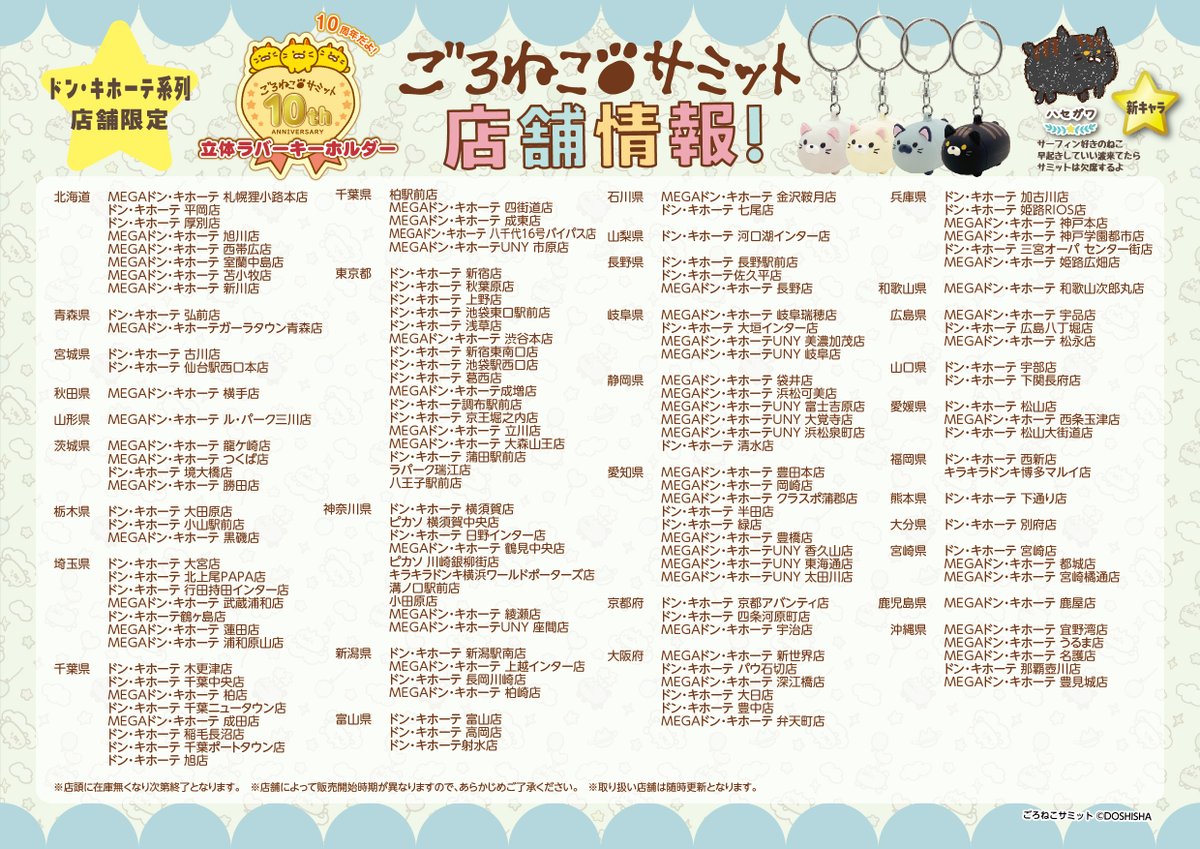 goroneco_samit's tweet photo. ごろねこサミット10周年企画の第2弾☆
新キャラを入れた4種類のラバーキーホルダーが登場〜

全国のドン・キホーテ系列店舗にて2月7日から発売！
ぜひお店にきてね♪　　　　　　　　　　　　　　　　　　　　　　　　　　　　　　取扱店舗は画像を確認してね☆

#ドンキ
#ごろねこサミット https://t.co/19i5zWVOsV