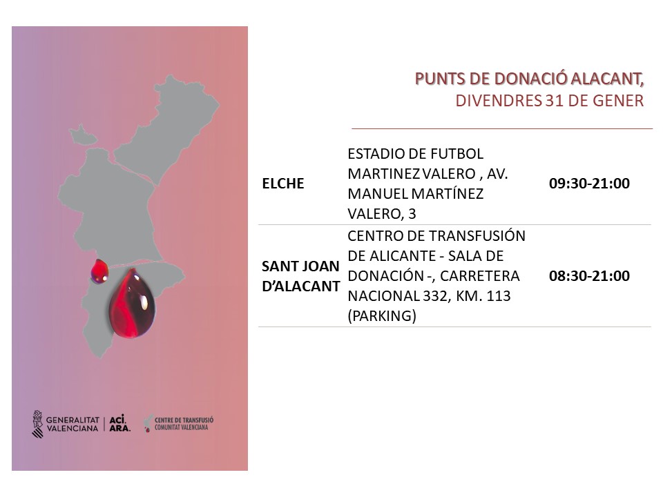 GVAdonasang's tweet photo. 𝐏𝐮𝐧𝐭𝐬 𝐝𝐞 𝐝𝐨𝐧𝐚𝐜𝐢𝐨́ #Alacant
📅divendres #31gener
👉Tots els dies es necessiten 650 unitats de sang a la Comunitat Valenciana per a atendre la demanda hospitalària.🏨
Suma't a salva vides!
#DonaSang #DonaPlasma, uneix-te a #LaFàbricaDeLaVida❤️ https://t.co/UKVOp0oixH