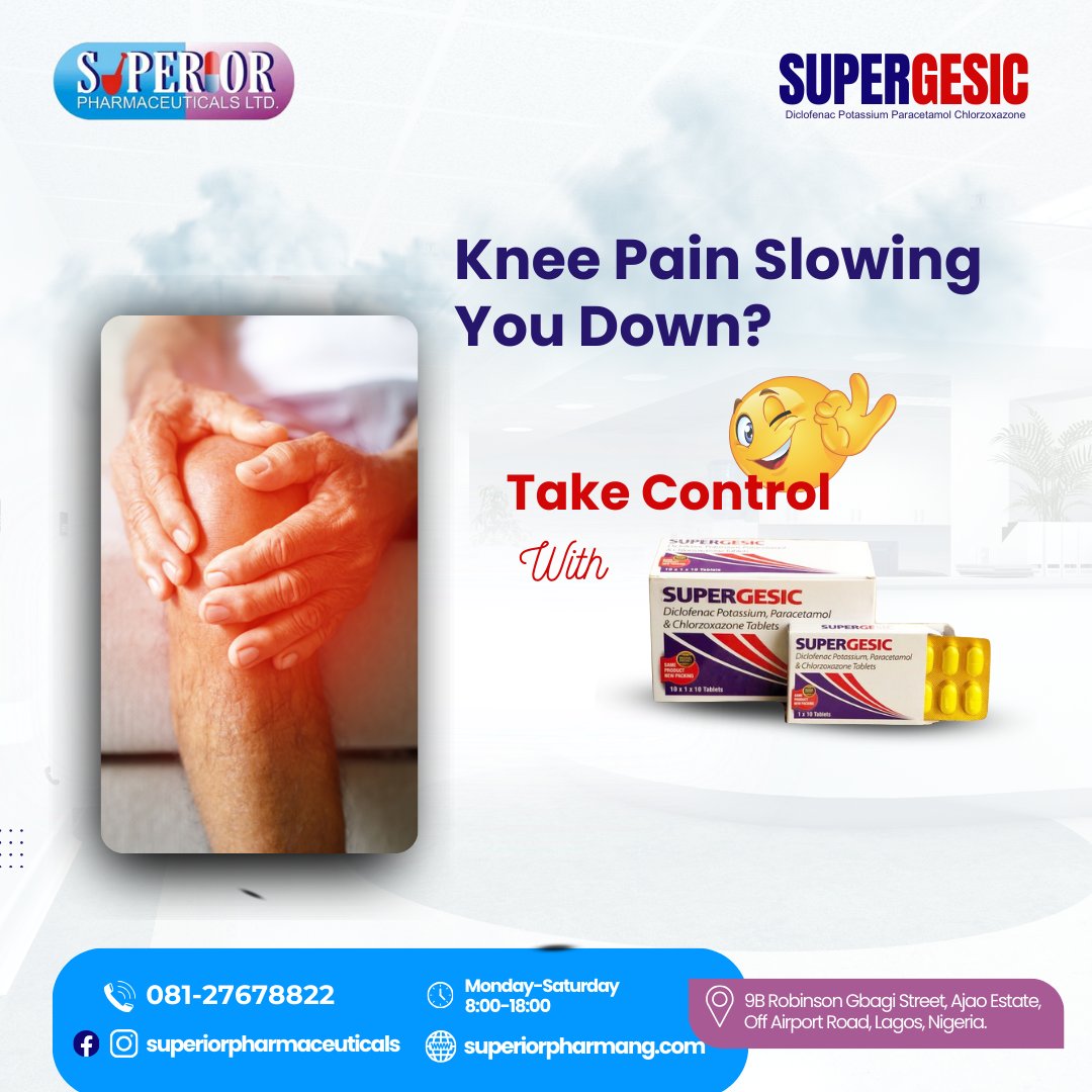 SuperiorPharma1's tweet photo. Say goodbye to the discomfort and frustration of knee #pain  with Supergesic. Works quickly and effectively. It’s your go-to solution for relief anytime, anywhere.

#painrelief #headache 
#stomachpain
#menstruationmatters 
#biz_alert 
#jointpain
#toothache
#supergesic https://t.co/lysg8aM6W9