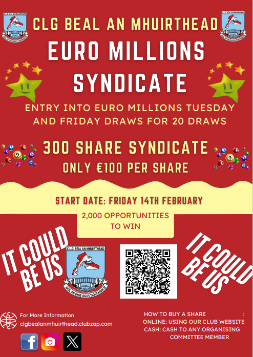 BelmulletGaa's tweet photo. https://t.co/W1CMjlmKIu

COMPETITION TIME: , well then nows your chance we are giving you the opportunity to win a share in our Euro Millions Syndicate worth 100€ all you have to do is
1: Like this post
2: tag 3 friends
3: repost this tweet https://t.co/M9V4JBhqyR