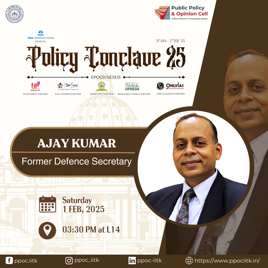 drajaykumar_ias's tweet image. IIT Kanpur with a very strong Department of Economic Sciences is becoming a leading centre of excellence in public policy.   Looking forward to addressing the Policy Conclave 2025 
Date Feb 1, 2025
Venue IIT Kanpur