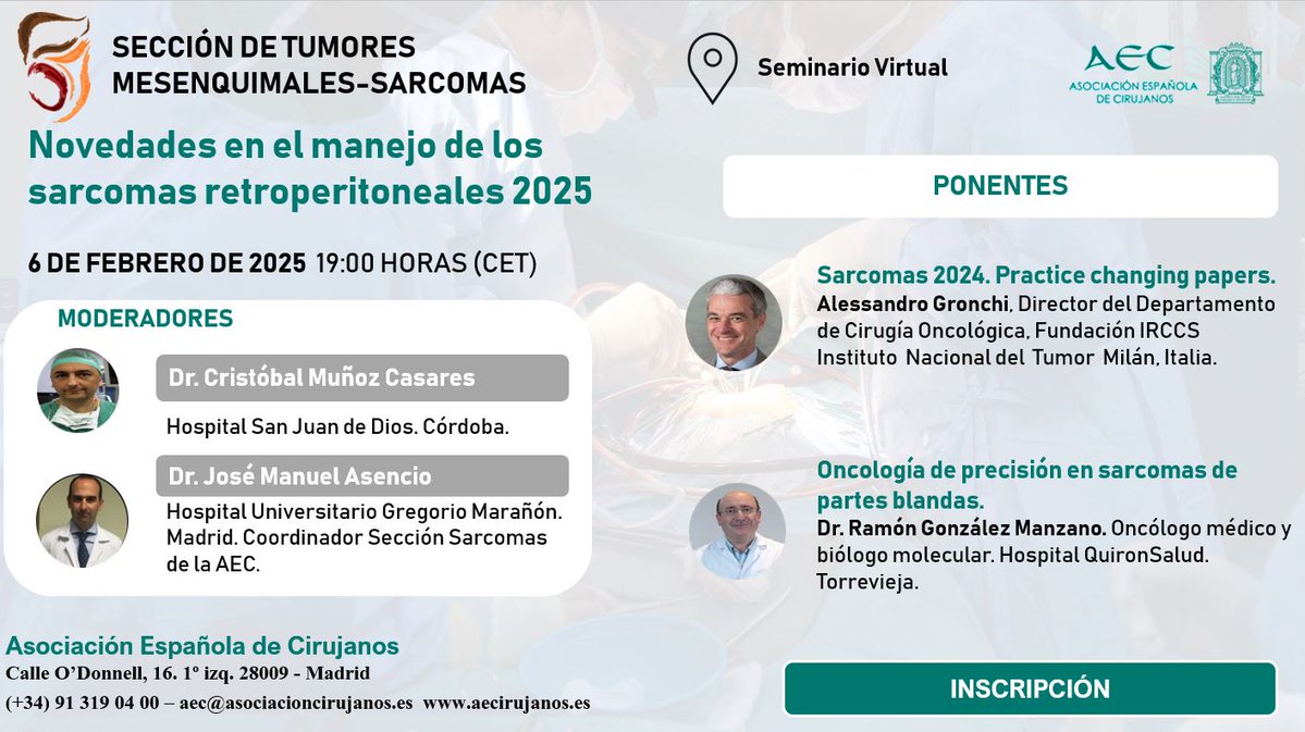 aecirujanos (@aecirujanos) on Twitter photo Apunta en la agenda🗓️6 de febrero a las 19 h la sección <a href="/SarcomasAEC/">AEC Sarcomas</a> repasará los cambios de práctica clínica en el manejo de sarcomas que nos dejó el 2024 y las novedades de 2025 con <a href="/alegronchi/">Alessandro Gronchi</a>
Inscríbete 👇
us02web.zoom.us/webinar/regist…
<a href="/SarcomasHGUGM/">Sarcomas Hospital Gregorio Marañón</a> <a href="/GrupoGeis/">GEIS</a> <a href="/JmasencioJose/">jose manuel</a> Apunta en la agenda🗓️6 de febrero a las 19 h la sección <a href="/SarcomasAEC/">AEC Sarcomas</a> repasará los cambios de práctica clínica en el manejo de sarcomas que nos dejó el 2024 y las novedades de 2025 con <a href="/alegronchi/">Alessandro Gronchi</a>
Inscríbete 👇
us02web.zoom.us/webinar/regist…
<a href="/SarcomasHGUGM/">Sarcomas Hospital Gregorio Marañón</a> <a href="/GrupoGeis/">GEIS</a> <a href="/JmasencioJose/">jose manuel</a>