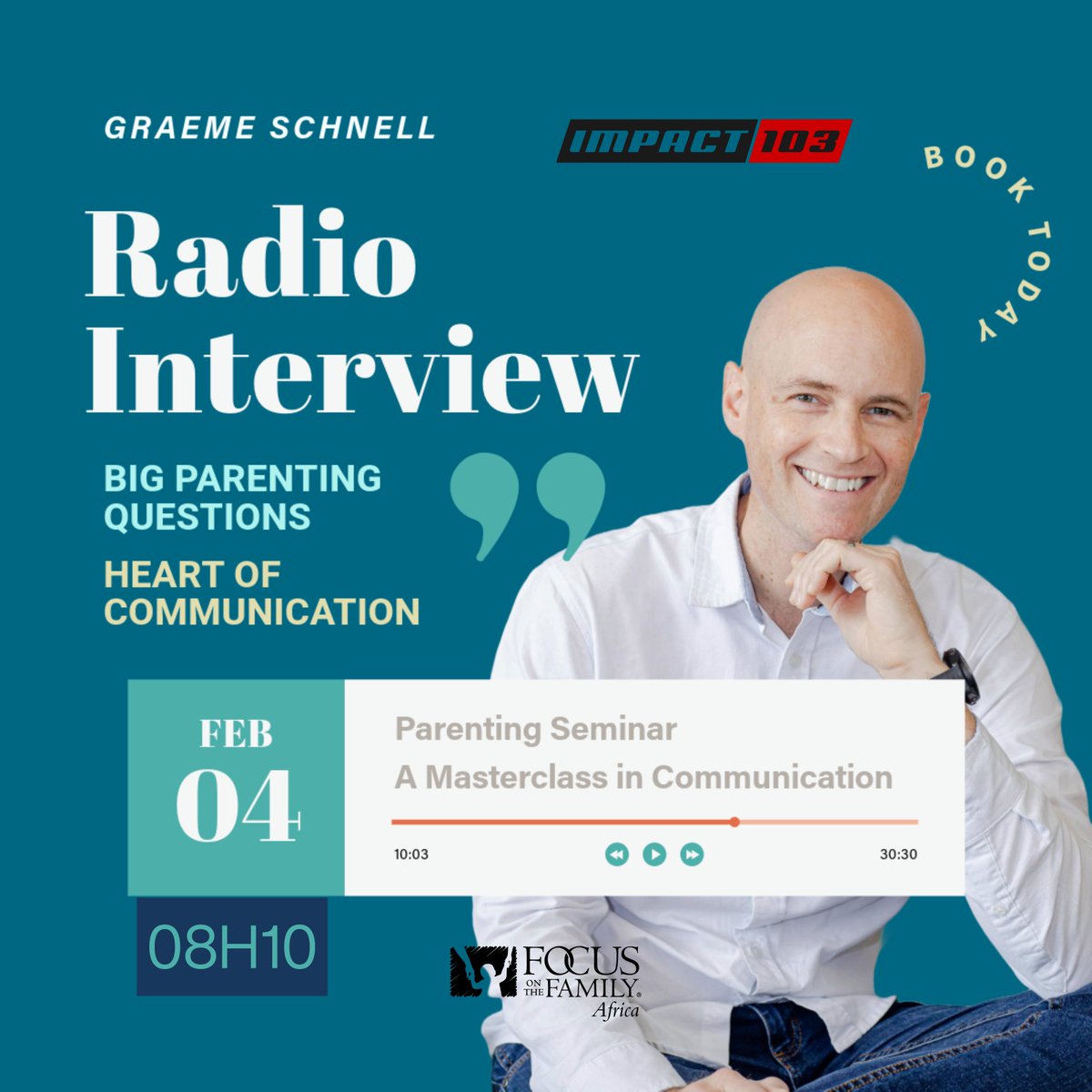 Catch our CEO <a href="/graeme_schnell/">Graeme Schnell</a> on <a href="/impact103/">Impact Radio 103 FM</a> Radio tomorrow at 08h10!

He'll be sharing about our upcoming parenting seminars, including BIG Parenting Questions and a Masterclass with Rob: The Heart of Communication, happening in Pretoria and nationwide this March!

Stream online: