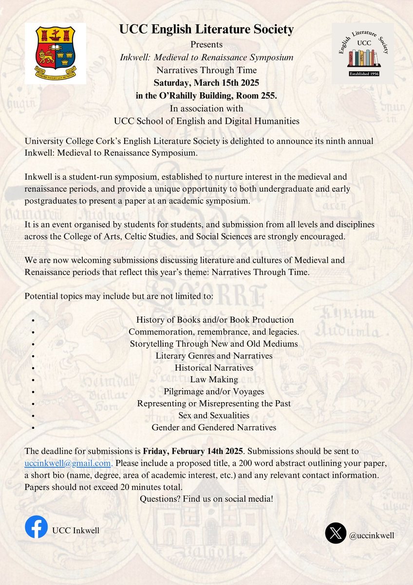UCC Inkwell (@uccinkwell) on Twitter photo âť— CFP REMINDER âť—
Just two weeks until the deadline for abstract submissions to this year's Inkwell Symposium! This year's theme is Narratives Through Time. The final day for abstract submissions is February 14th 2025!
<a href="/CACSSS1/">UCC Arts, Celtic Studies and Social Sciences</a> âť— CFP REMINDER âť—
Just two weeks until the deadline for abstract submissions to this year's Inkwell Symposium! This year's theme is Narratives Through Time. The final day for abstract submissions is February 14th 2025!
<a href="/CACSSS1/">UCC Arts, Celtic Studies and Social Sciences</a>