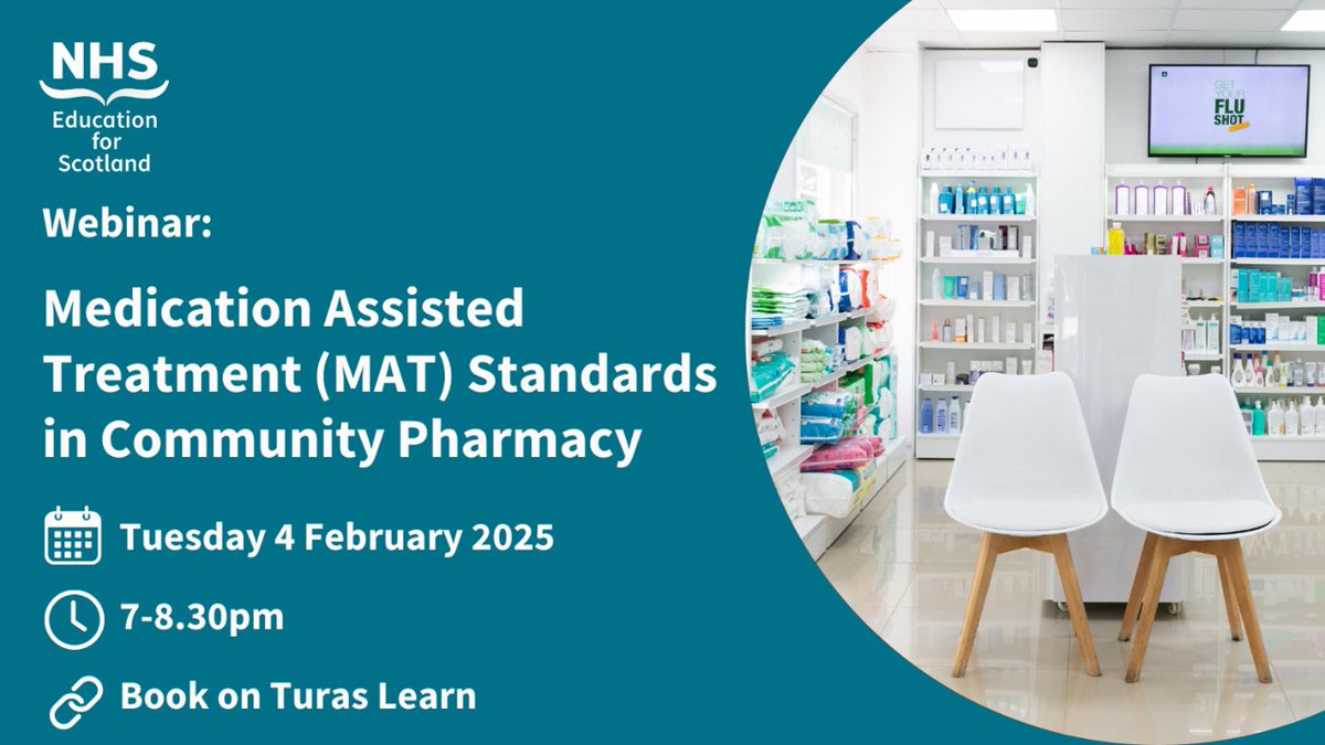 Join our webinar to learn how optimising Medication Assisted Treatment Standards in Community Pharmacy can provide immediate access to treatment, support informed choices for recovery and contribute to meaningful change in our communities.

Book here: learn.nes.nhs.scot/79418