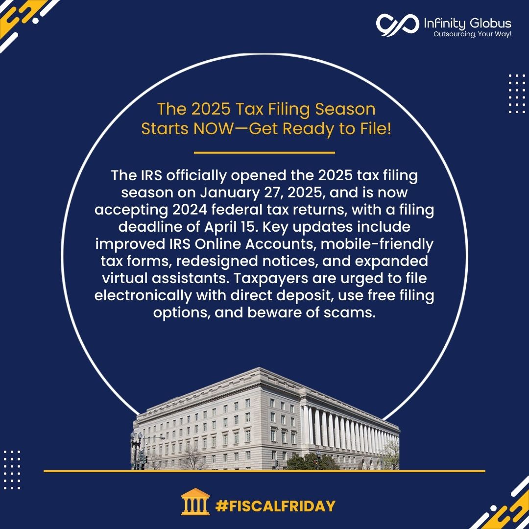 infinityglobus's tweet image. 2025 tax filing season starts as IRS begins accepting tax returns today; taxpayers have many options for help.
𝗟𝗲𝗮𝗿𝗻 𝗠𝗼𝗿𝗲: irs.gov/newsroom/2025-…

#FiscalFriday #IRSUpdates #TaxSeason2025 #IRS #TaxUpdates