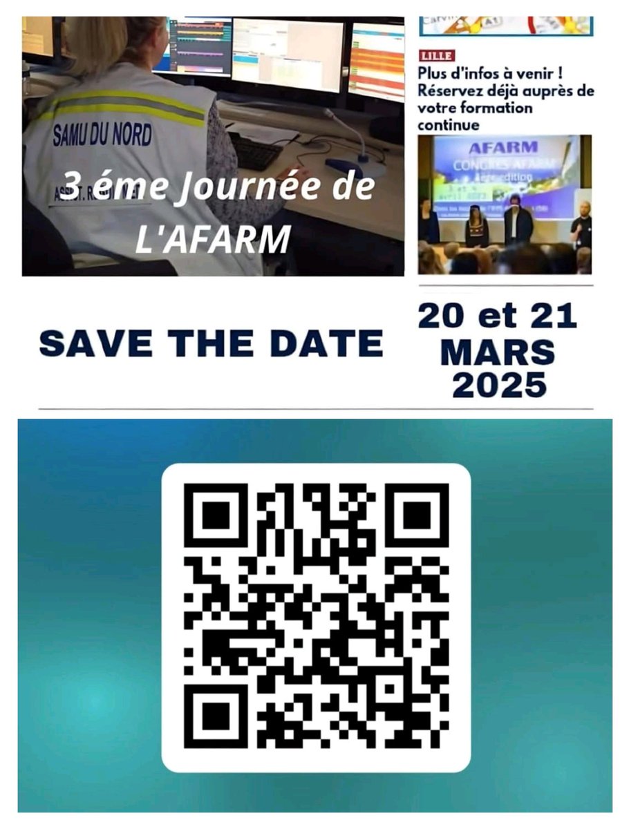 [ 🔵🔵 3ème Congrès <a href="/AFARM_SAMU/">AFARM</a> 🔵🔵 ]

👍👍 On vous attend nombreux 😉😉

🚨🚨 N'oubliez pas de vous inscrire via le QR code ou le lien ci-dessous aux 3èmes journées de l' AFARM qui auront lieu les 20 et 21 Mars prochain dans les locaux de l'institut Germez Rieux du @CHUdeLille.