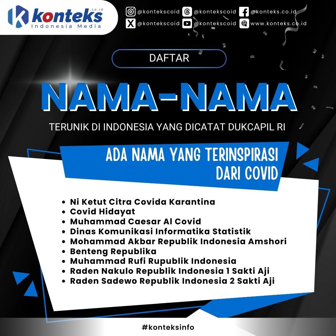 kontekscoid's tweet image. #konteksinfo Menarik! Nama-nama terunik yang tercatat di Dukcapil RI, beberapa di antaranya bahkan terinspirasi dari pandemi COVID-19. Dari ‘Corona’ hingga ‘Vaksin’, inilah bukti kreativitas orang Indonesia dalam memberi nama! 😲✨(ag) 

#namaunik #dukcapil #corona #covid19