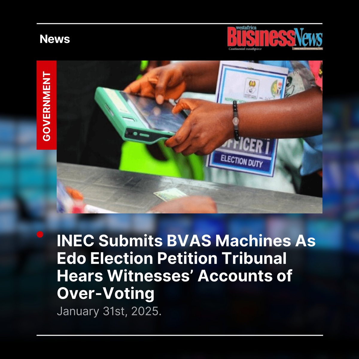 WABusiness_News's tweet photo. The Independent National Electoral Commission (INEC) has submitted the Bimodal Voter Accreditation System (BVAS) machines used in the last Edo State Governorship Election to the Governorship Election Tribunal.

https://t.co/oLNMqhr3yk to read more 
#BVAS #Edoelection #INEC https://t.co/3bcF3JsGKW