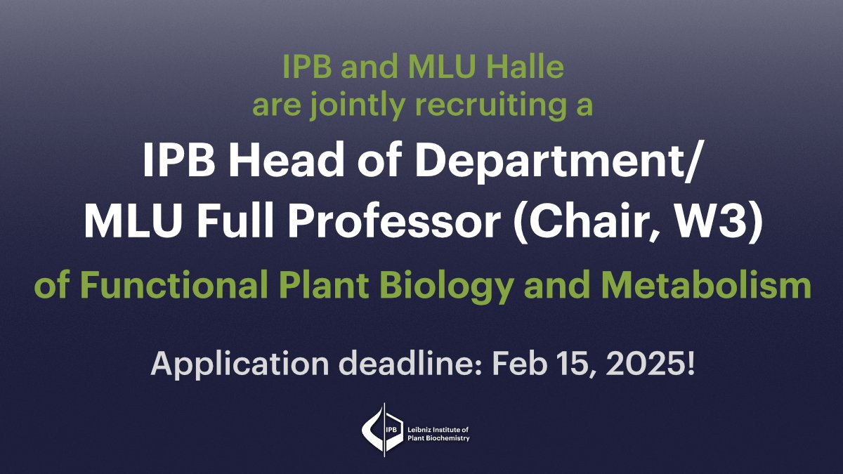 Leibniz Institute of Plant Biochemistry Halle (@ipb_halle) on Twitter photo 📢We, the IPB, and the <a href="/UniHalle/">Universität Halle (inaktiv)</a> are jointly recruiting an IPB Head of Department/MLU Full #Professor of Functional Plant Biology and Metabolism.
🔗See the full advertisement here: wcms.itz.uni-halle.de/download.php?d…
📆Apply until 15.02.25!
Please share!
#scijobs #professorship #plantsci 📢We, the IPB, and the <a href="/UniHalle/">Universität Halle (inaktiv)</a> are jointly recruiting an IPB Head of Department/MLU Full #Professor of Functional Plant Biology and Metabolism.
🔗See the full advertisement here: wcms.itz.uni-halle.de/download.php?d…
📆Apply until 15.02.25!
Please share!
#scijobs #professorship #plantsci